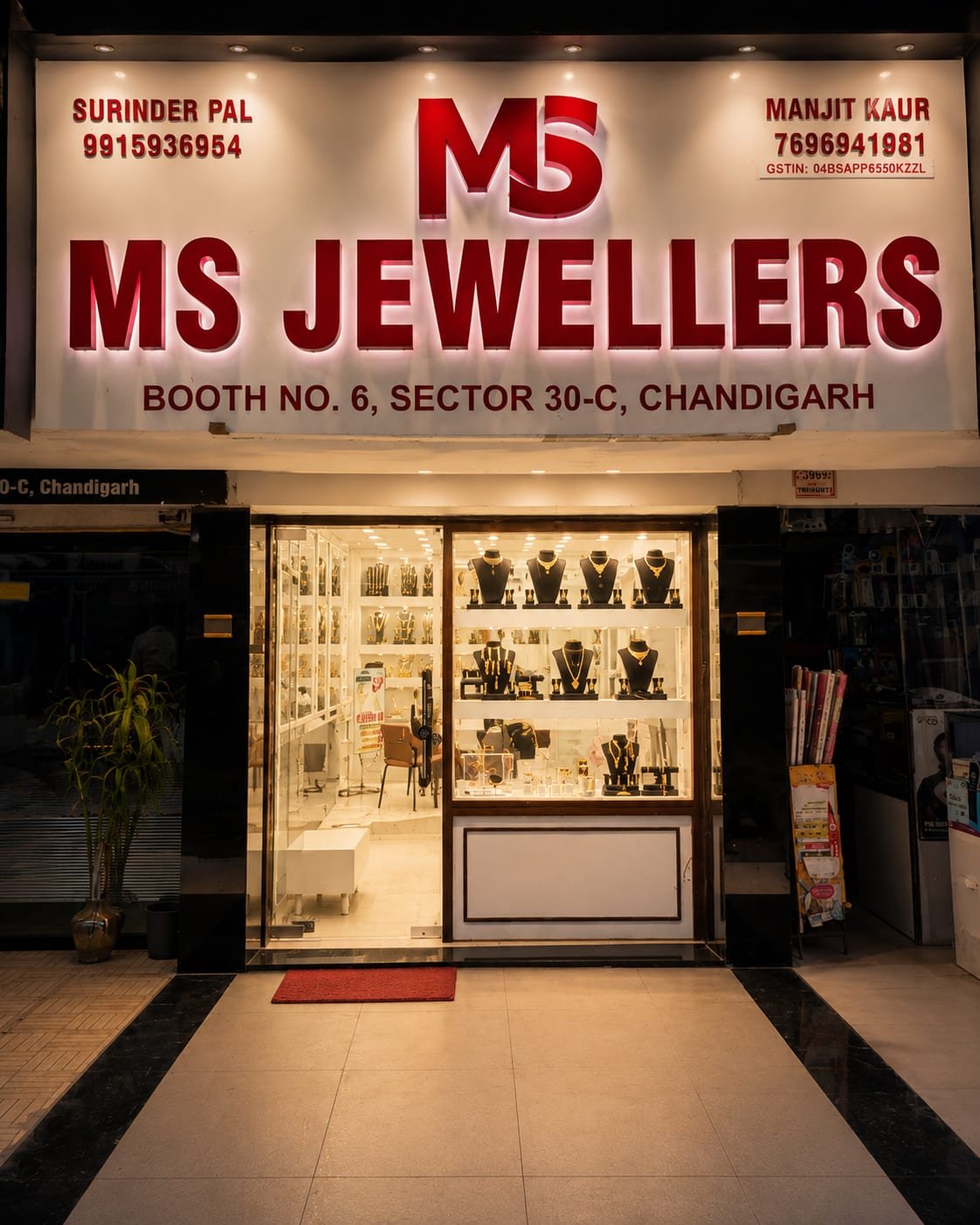 The MS Jewellers storefront at Booth No. 6, Sector 30C, Chandigarh, lit up in the evening