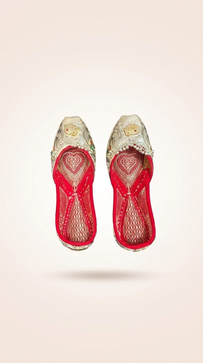 Top view of red and silver embroidered bridal Punjabi jutti on an ivory background