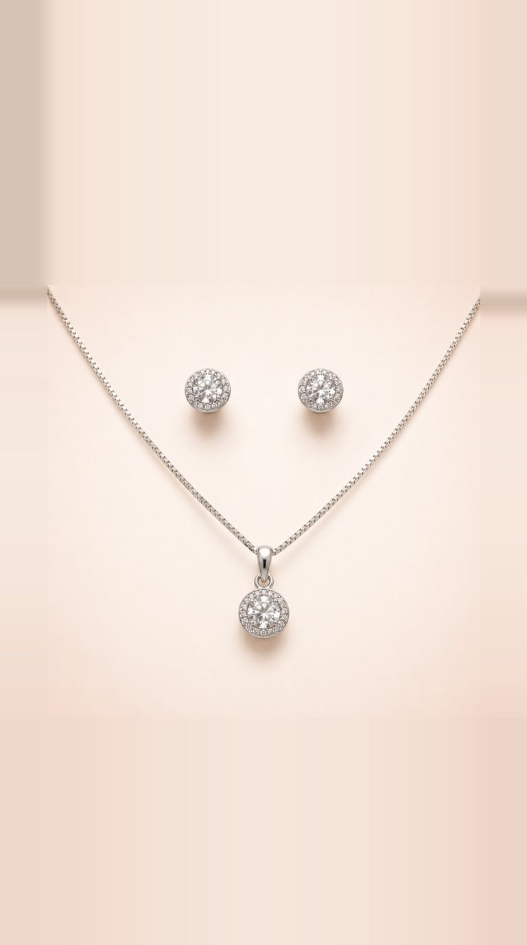 Sterling silver halo pendant on a fine box chain with matching halo stud earrings