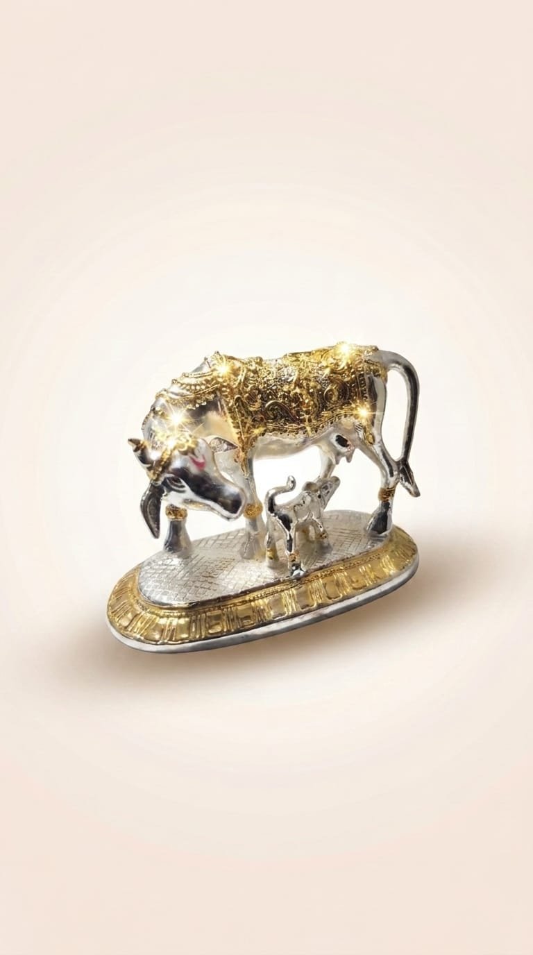 Silver Kamdhenu cow and calf figurine with gold-plated detailing on an engraved base