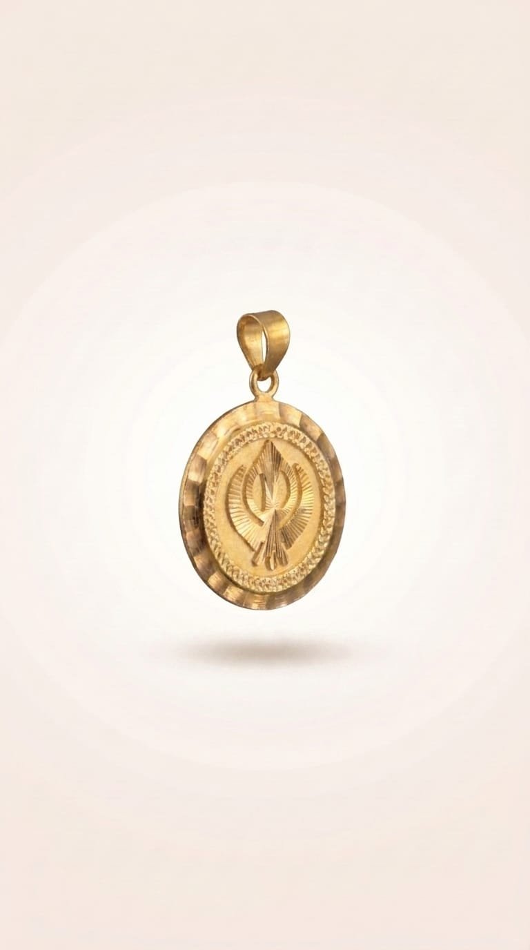 Gold medallion pendant engraved with the Khanda symbol