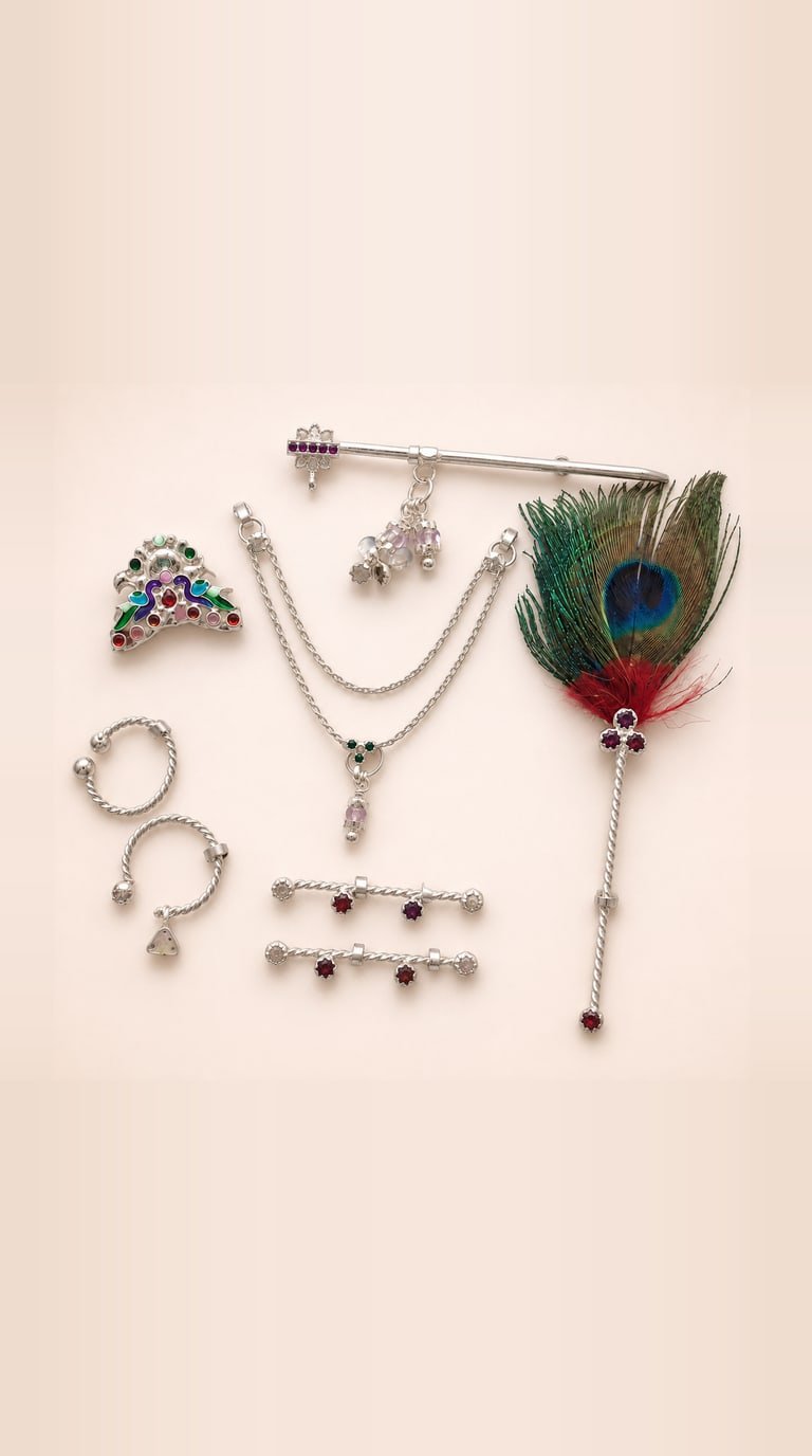 Silver Laddu Gopal shringar set with enamelled mukut, bansuri with peacock feather, chains and bangles