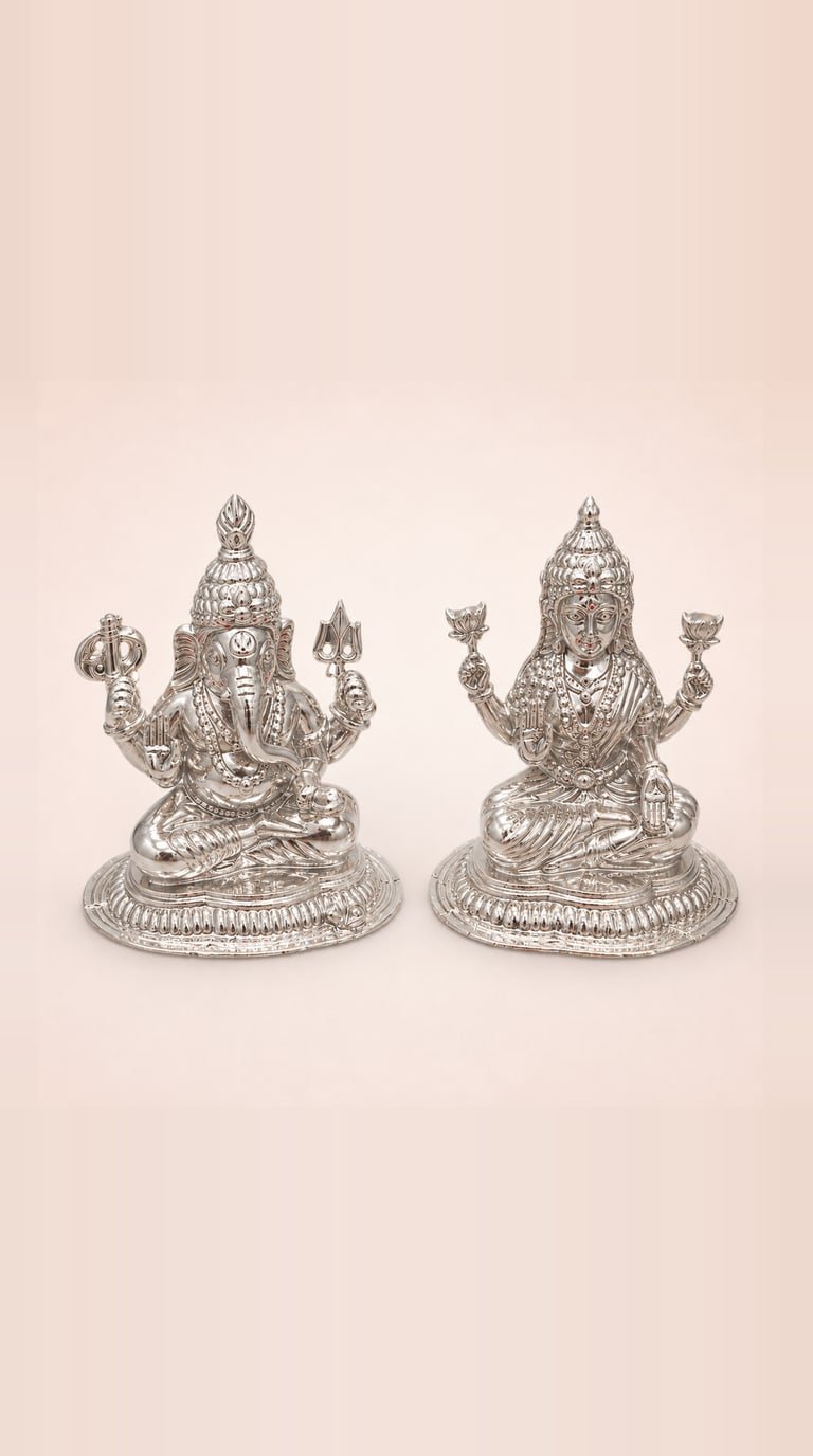 Pair of silver Lakshmi and Ganesh idols seated on fluted lotus bases
