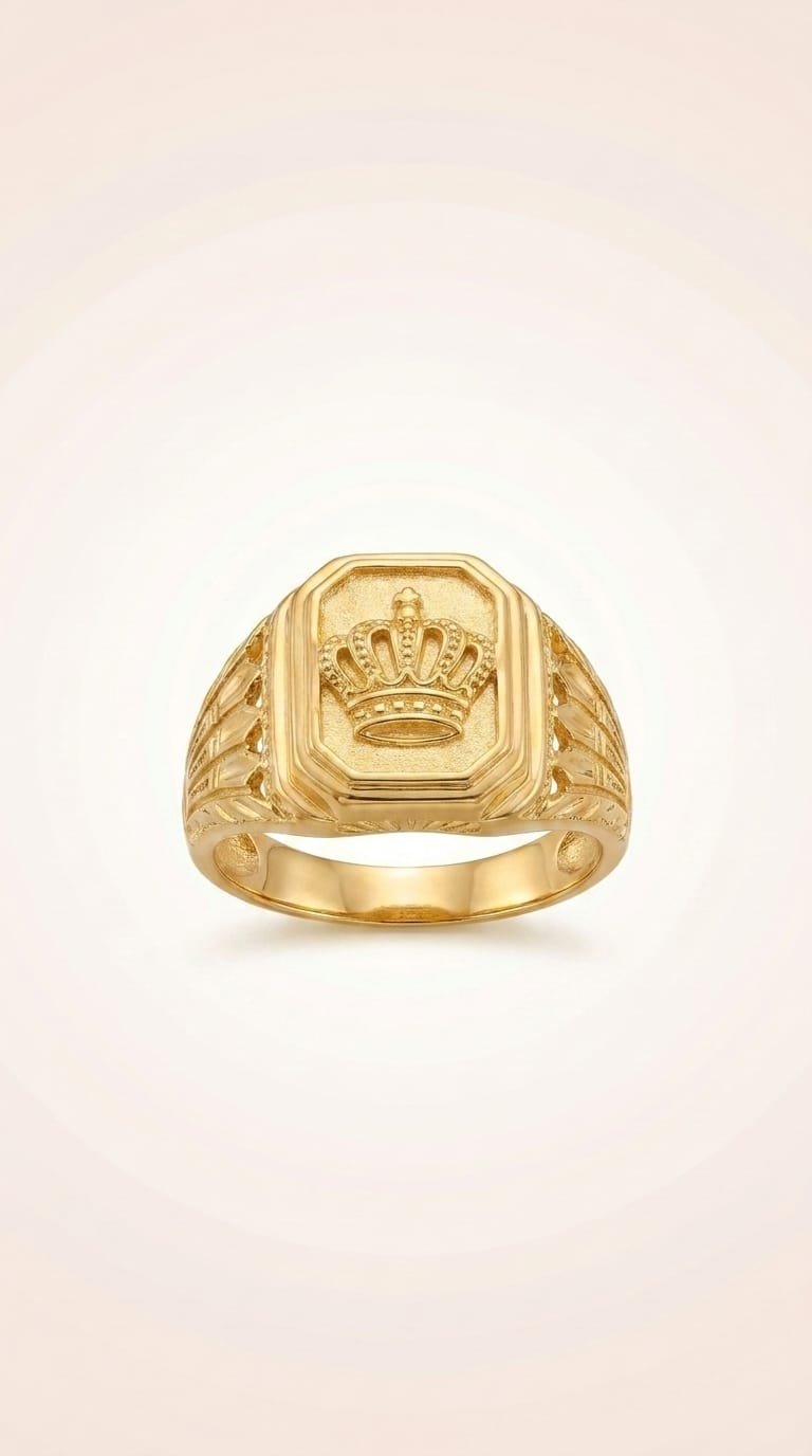 Front view of a men's gold signet ring with an embossed crown