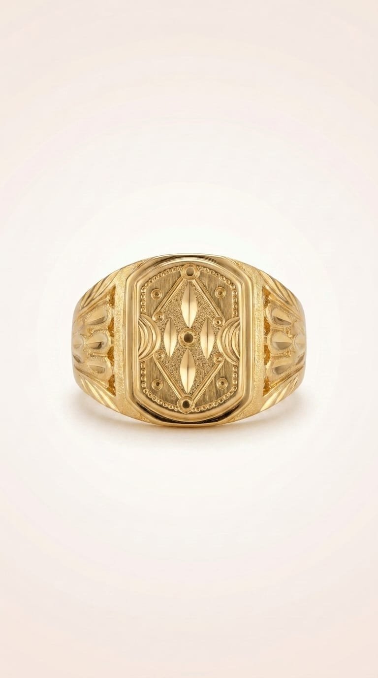 Front view of a men's gold signet ring with diamond-lattice engraving
