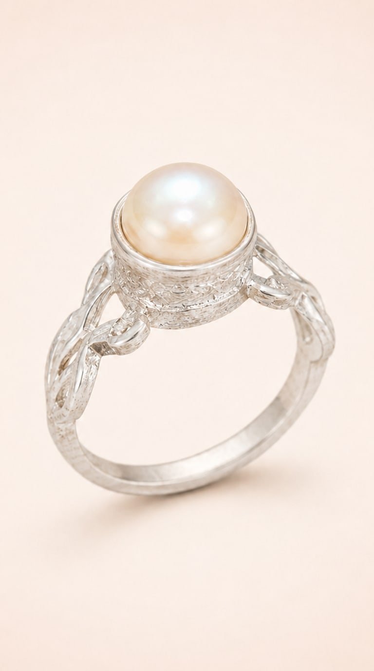 Three-quarter view of a sterling silver ring set with a round pearl above braided shoulders