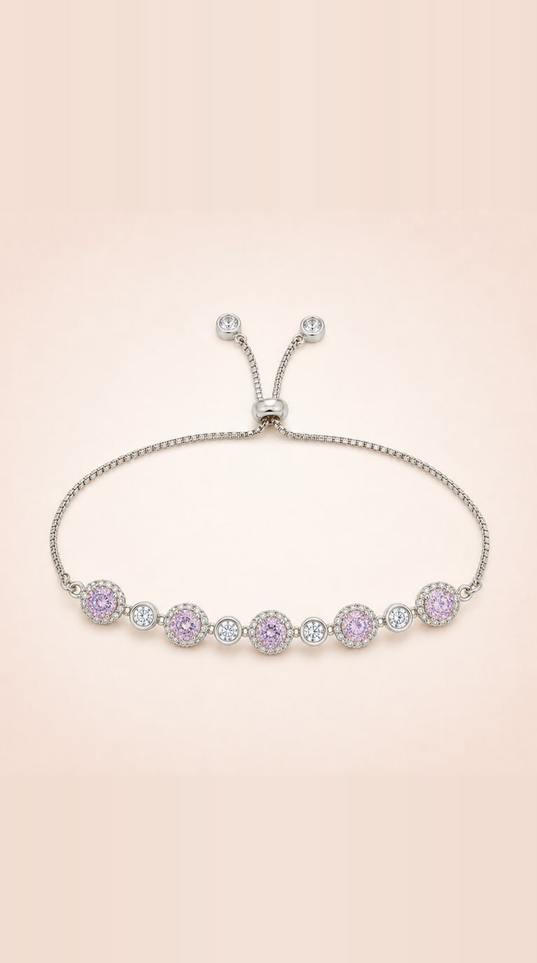 Sterling silver slider bracelet set with five pink halo stones on a fine box chain