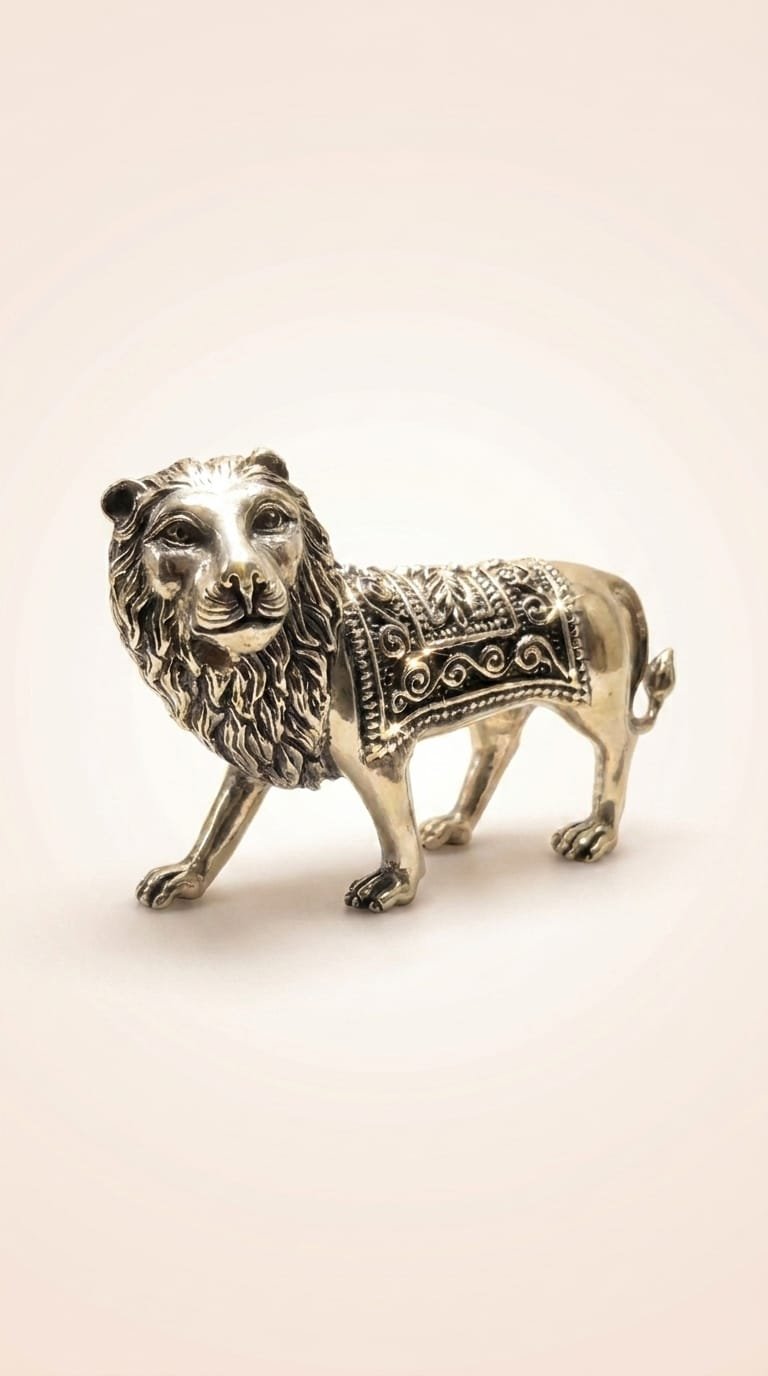 Antique-finish silver lion figurine with an engraved saddle cloth