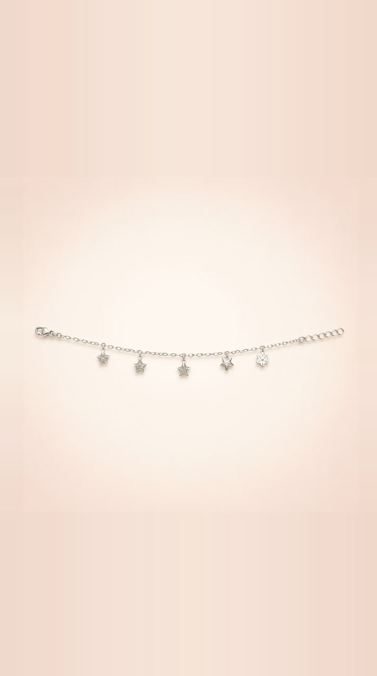 Sterling silver cable chain bracelet hung with five small etched star charms